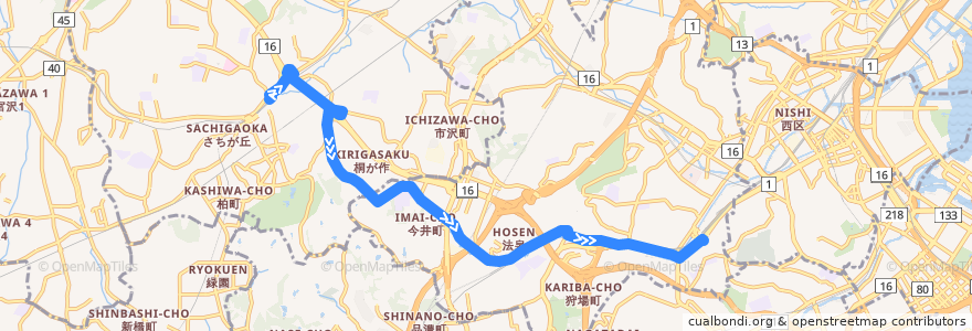 Mapa del recorrido 旭4 二俣川駅北口 →保土ヶ谷バイパス経由保土ヶ谷駅東口行き de la línea  en 横浜市.