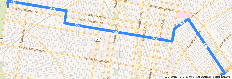 Mapa del recorrido SEPTA 39 (Richmond-Cumberland to 33rd-Dauphin) de la línea  en Philadelphia County.