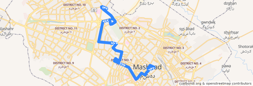 Mapa del recorrido خط ۲۲ (پایانه معراج - پایانه شهدا) de la línea  en شهر مشهد.