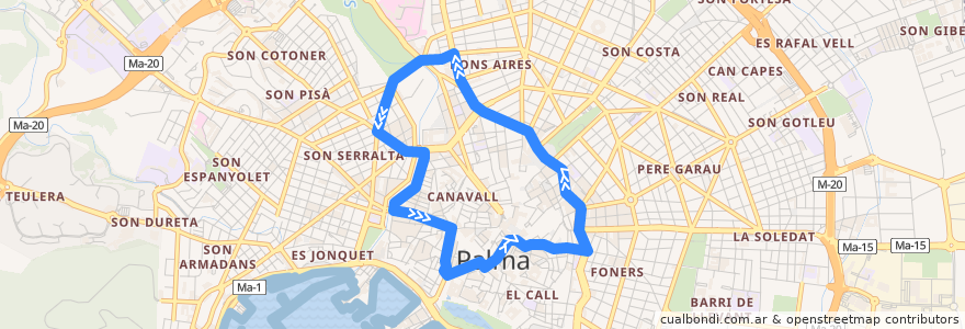 Mapa del recorrido Bus 2: Balanguera, 27 → Passeig Mallorca → Plaça de la Reina → Plaça d'en Coll → Plaça d'Espanya → General Riera → Balanguera, 27 de la línea  en 팔마데.