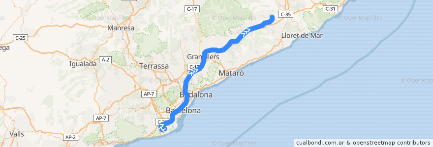 Mapa del recorrido R2Nord: Aeroport - Maçanet Massanes per Granollers Centre de la línea  en Barcelona.