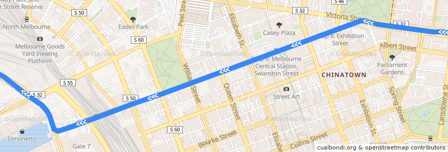 Mapa del recorrido Tram 30: St Vincent's Plaza => Central Pier de la línea  en City of Melbourne.