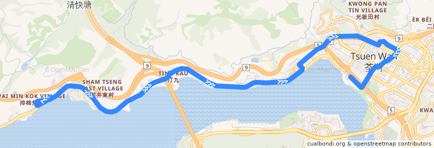 Mapa del recorrido 九巴234B線 KMB 234B (浪翠園 Sea Crest Villa → 荃灣西站 Tsuen Wan West Station) de la línea  en 荃灣區 Tsuen Wan District.