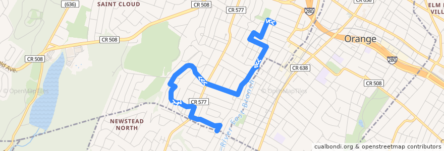 Mapa del recorrido West Orange Jitney Route 2 de la línea  en West Orange.