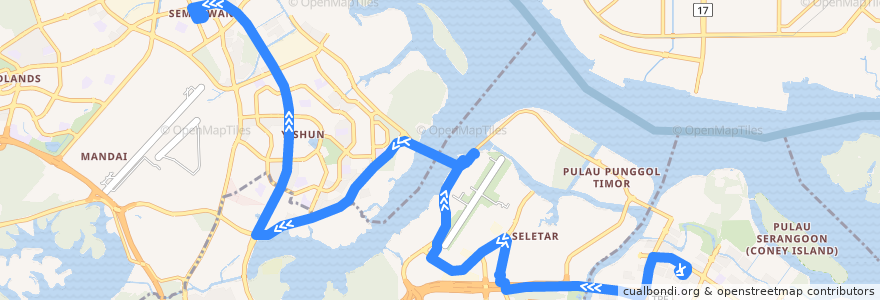 Mapa del recorrido Svc 117 (Punggol Temporary Interchange => Sembawang Interchange) de la línea  en Singapore.