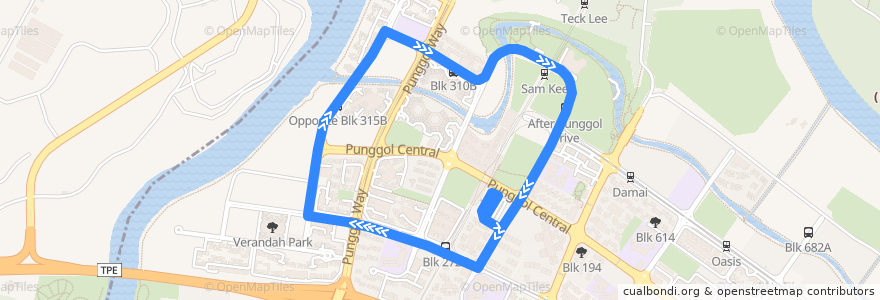 Mapa del recorrido Svc 382G (Punggol Temporary Interchange => Punggol Temporary Interchange) de la línea  en Northeast.