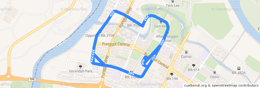 Mapa del recorrido Svc 382W (Punggol Temporary Interchange => Punggol Temporary Interchange) de la línea  en Northeast.