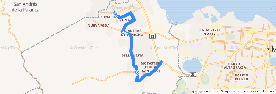 Mapa del recorrido Ruta 125 (CS): Mercadito (Ciudad Sandino) -> Altos de Motastepe de la línea  en Ciudad Sandino.