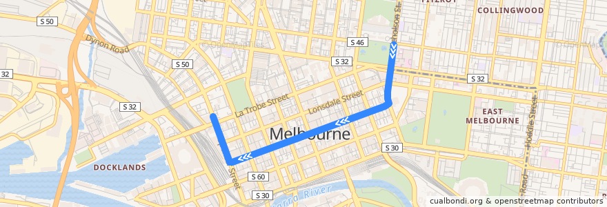 Mapa del recorrido Tram 86a: Melbourne Museum => La Trobe & Spencer Streets de la línea  en City of Melbourne.