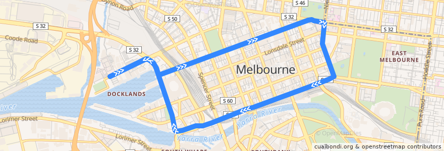 Mapa del recorrido Tram 35: Waterfront City => La Trobe Street => Flinders Street => Waterfront City de la línea  en City of Melbourne.