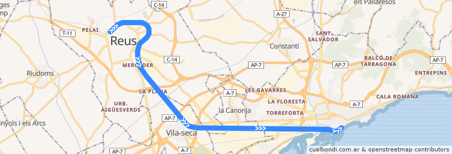 Mapa del recorrido RT1: Reus - Tarragona de la línea  en Tarragona.