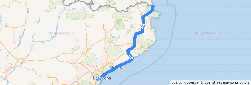 Mapa del recorrido RG1: L'Hospitalet de Llobregat - Portbou de la línea  en كتالونيا.