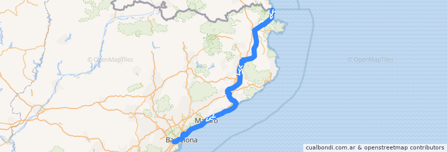 Mapa del recorrido RG1: Portbou - L'Hospitalet de Llobregat de la línea  en Catalunha.