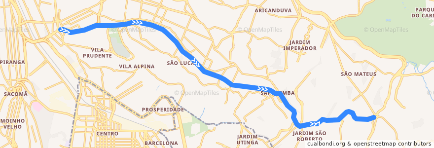 Mapa del recorrido Linha 15 - Prata: Vila Prudente → São Mateus de la línea  en São Paulo.