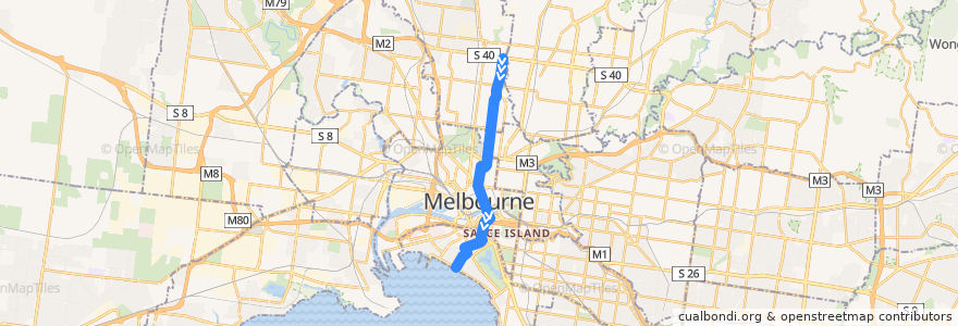 Mapa del recorrido Tram 1: East Coburg => South Melbourne Beach de la línea  en Melbourne.