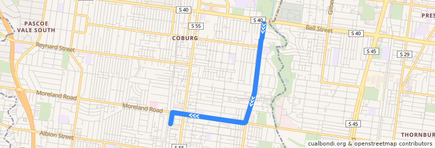 Mapa del recorrido Tram 1d: East Coburg => Brunswick Depot (Moreland railway station) de la línea  en City of Merri-bek.