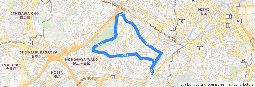 Mapa del recorrido 25系統 保土ヶ谷駅西口→(桜ヶ丘循環)→保土ヶ谷駅西口 de la línea  en Hodogaya Ward.