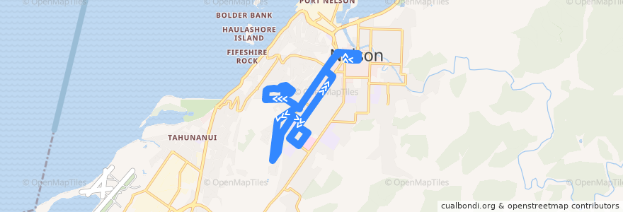 Mapa del recorrido Nelson - Victory - Hospital de la línea  en Nelson City.