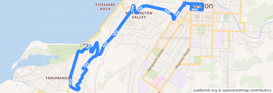 Mapa del recorrido Nelson - Washington Valley - Tahunanui de la línea  en Nelson City.