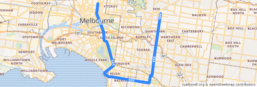 Mapa del recorrido Tram 16: Kew => Melbourne University de la línea  en Melbourne.