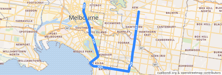 Mapa del recorrido Tram 16: Melbourne University => Kew de la línea  en Melbourne.