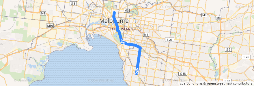 Mapa del recorrido Tram 64: East Brighton => Melbourne University de la línea  en Melbourne.