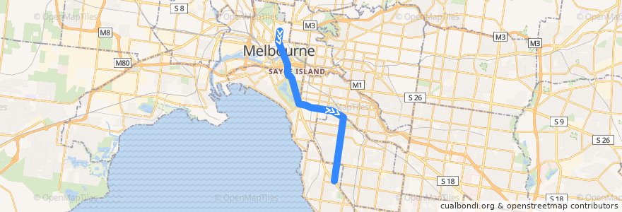 Mapa del recorrido Tram 64: Melbourne University => East Brighton de la línea  en Melbourne.