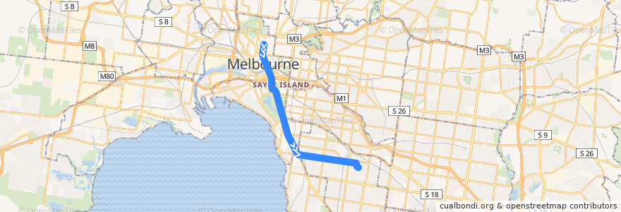 Mapa del recorrido Tram 67: Melbourne University => Carnegie de la línea  en Melbourne.