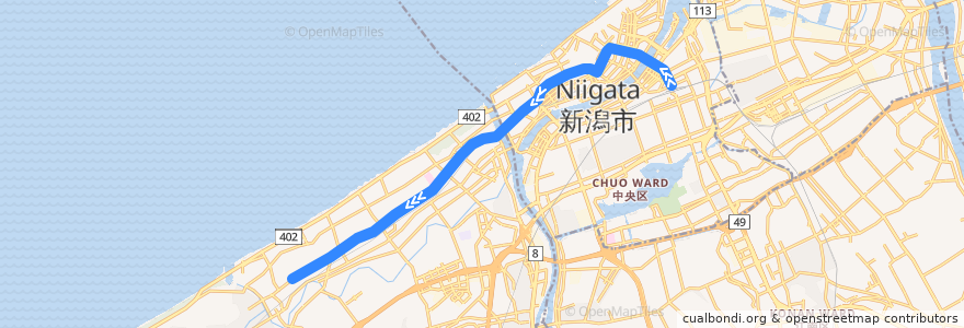 Mapa del recorrido 西小針線　新潟駅前→西小針→新潟大学→内野営業所 de la línea  en Niigata.