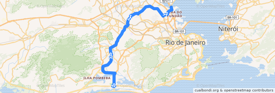 Mapa del recorrido BRT 38 - Alvorada → Fundão de la línea  en Río de Janeiro.