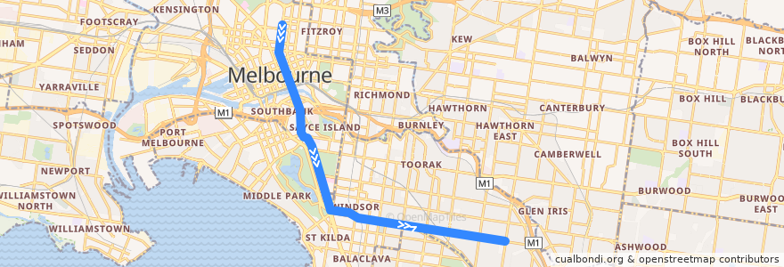 Mapa del recorrido Tram 5: Melbourne University => Malvern de la línea  en Melbourne.