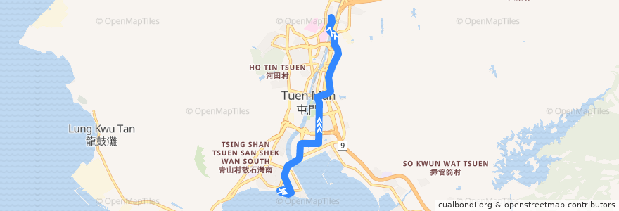 Mapa del recorrido 輕鐵614P綫 Light Rail 614P (屯門碼頭 Tuen Mun Ferry Pier → 兆康 Siu Hong) de la línea  en 屯門區 Tuen Mun District.