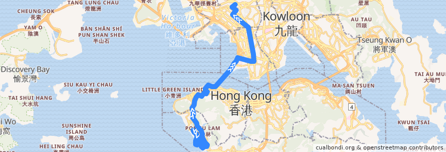 Mapa del recorrido 過海隧巴970線 Cross-harbour Bus 970 (數碼港 Cyberport → 蘇屋 So Uk) de la línea  en Hong Kong.