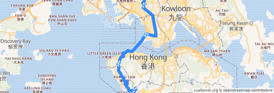 Mapa del recorrido 過海隧巴970X線 Cross-harbour Bus 970X (田灣 Tin Wan → 蘇屋 So Uk) de la línea  en Hong Kong.