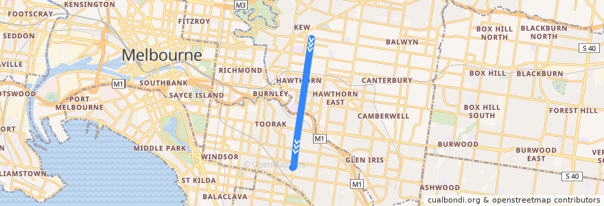 Mapa del recorrido Tram 16d: Kew => Malvern Depot de la línea  en Melbourne.