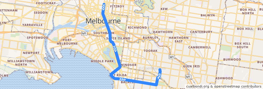 Mapa del recorrido Tram 16d: Melbourne University => Malvern Depot de la línea  en Melbourne.