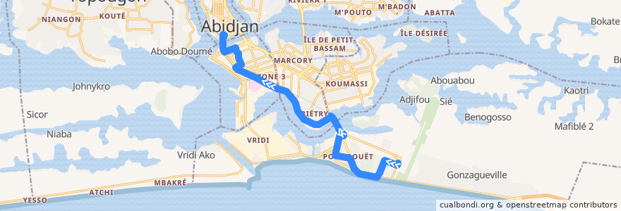 Mapa del recorrido Bus 06: Terminus Aéroport → Gare Sud Plateau de la línea  en Abidjan.