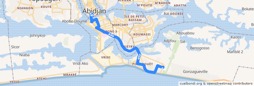 Mapa del recorrido Bus 06: Gare Sud Plateau Quai L06 → Terminus Aéroport FHB de la línea  en Abidjan.