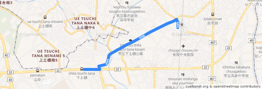 Mapa del recorrido 長12 下土棚行 de la línea  en 藤沢市.