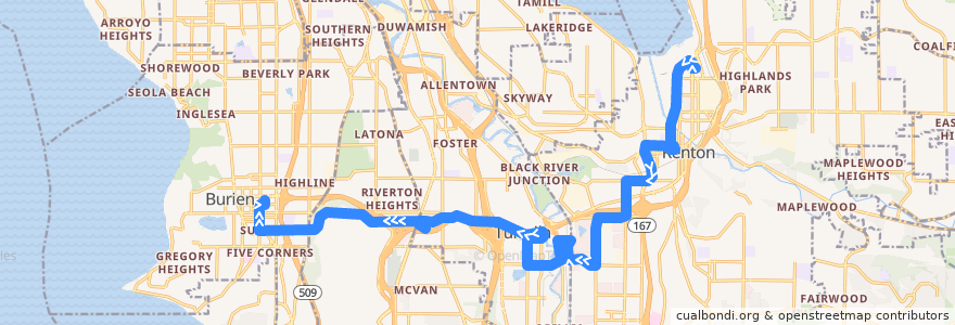 Mapa del recorrido Route F Line: Burien Southcenter de la línea  en King County.