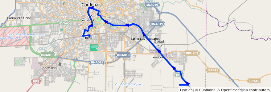 Mapa del recorrido 6 de la línea N (Naranja) en Municipio de Córdoba.