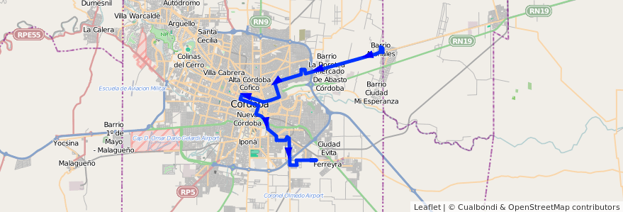 Mapa del recorrido 6 de la línea C (Amarillo) en Córdoba.