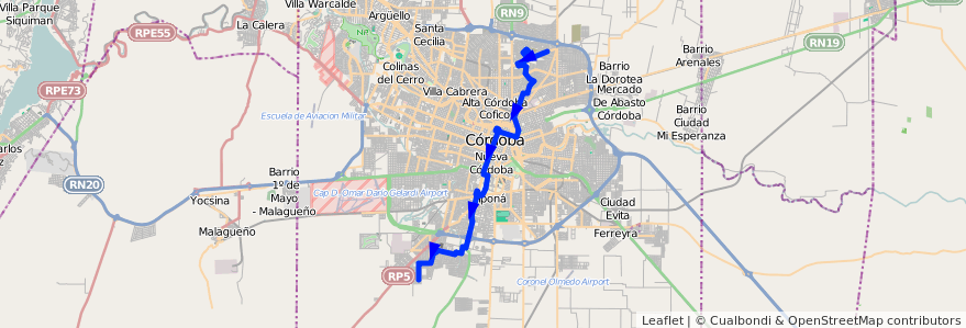 Mapa del recorrido 6 de la línea R (Rojo) en Córdoba.