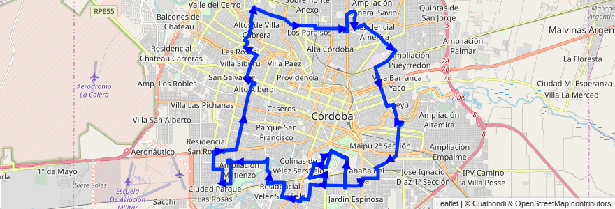 Mapa del recorrido 600 de la línea Circunvalacion en Córdoba.