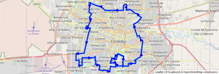 Mapa del recorrido 601 de la línea Circunvalacion en Córdoba.