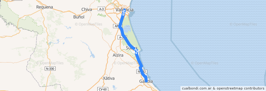 Mapa del recorrido C-1: València - Nord => Gandia de la línea  en Valencia.