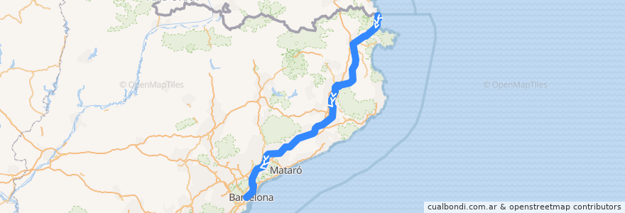 Mapa del recorrido R11: Portbou - Barcelona - Sants Estació de la línea  en Catalunya.