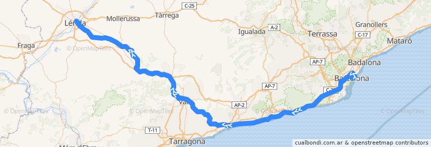 Mapa del recorrido R13: Barcelona-Estació de França - Lleida-Pirineus via Valls de la línea  en Cataluña.