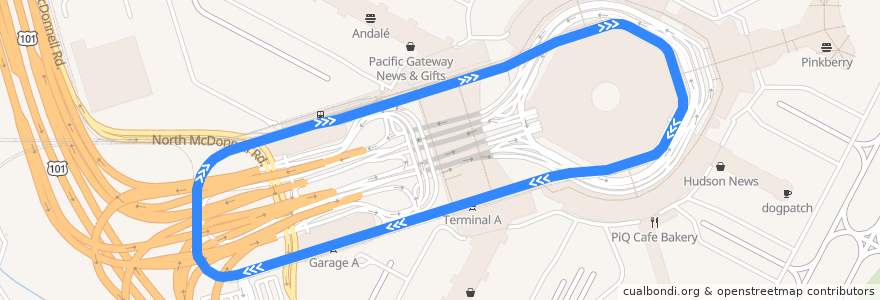 Mapa del recorrido AirTrain Red Line de la línea  en San Mateo County.