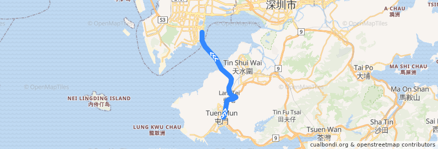 Mapa del recorrido 城巴B3X線 Citybus B3X (屯門市中心 Tuen Mun Town Centre → 深圳灣口岸 Shenzhen Bay Port) de la línea  en 香港.